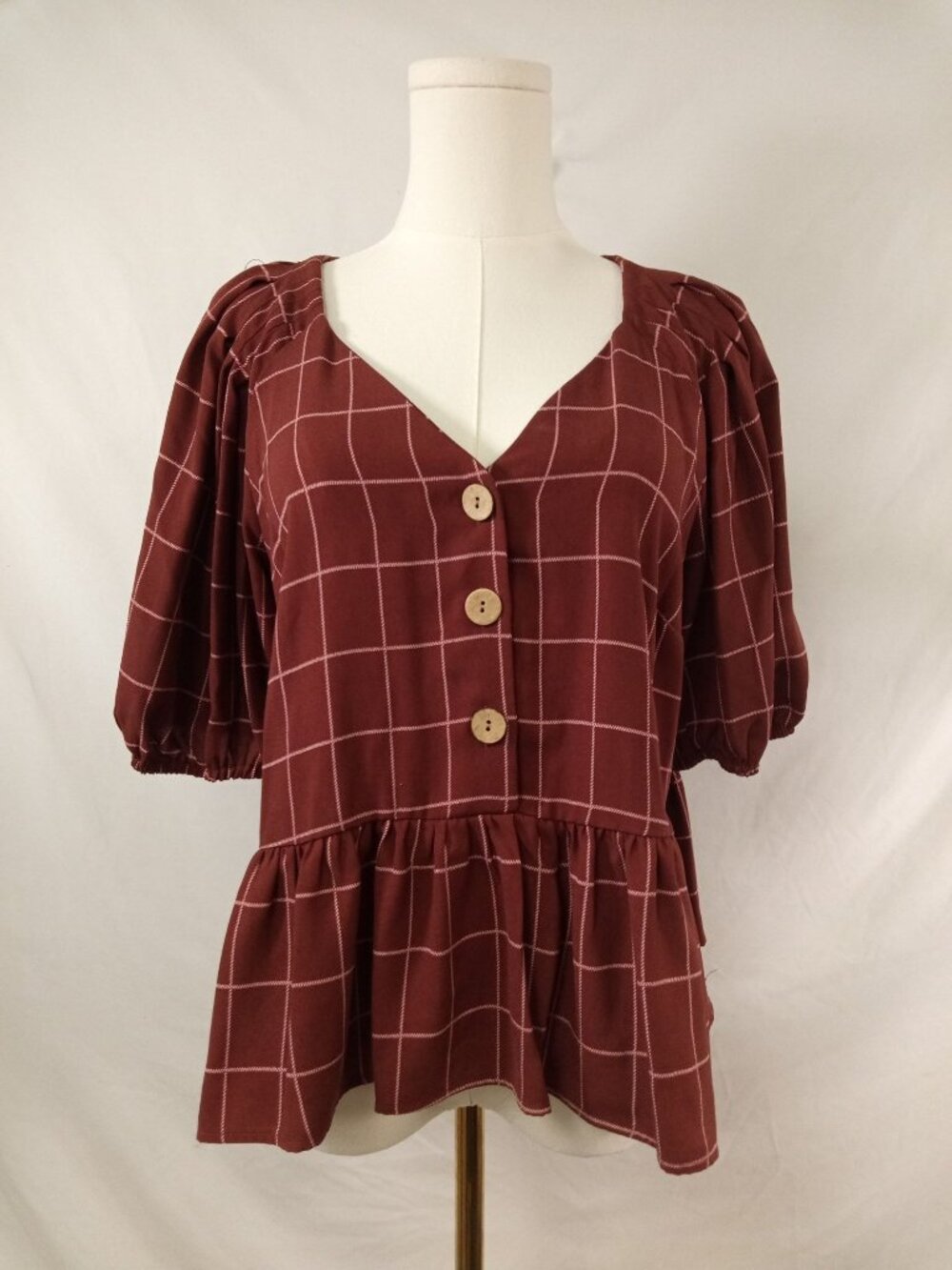 Lauren Conrad Maroon Plaid Blouse Size Medium